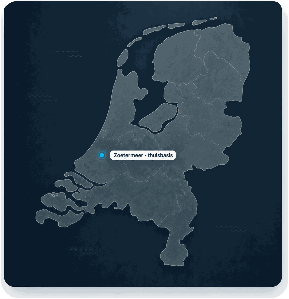Kaart van Nederland met ons werkgebied in Zuid-Holland en Zoetermeer als thuisbasis